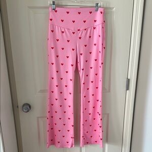 Silky Wide Waistband Pink Heart Patterned Yoga Pants size L